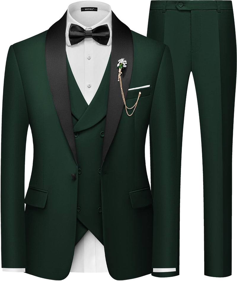 MAGE MALE Men's Slim Fit 3 Piece Suit One Button Solid Shawl Lapel Blazer Jacket Vest Pants Set with Tie Pocket Square-82