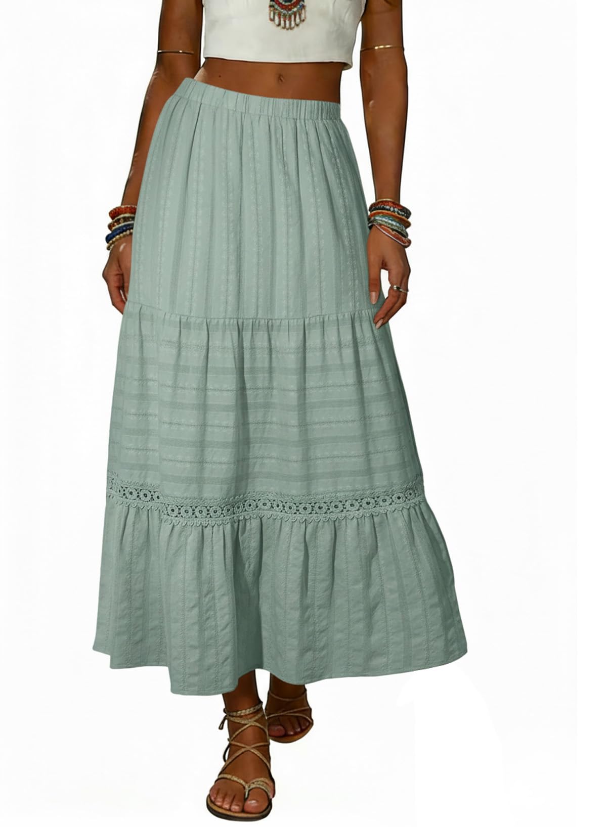BLENCOT Long Skirts for Women Boho Crochet Lace High Waisted A-Line Cotton Tiered Maxi Skirt