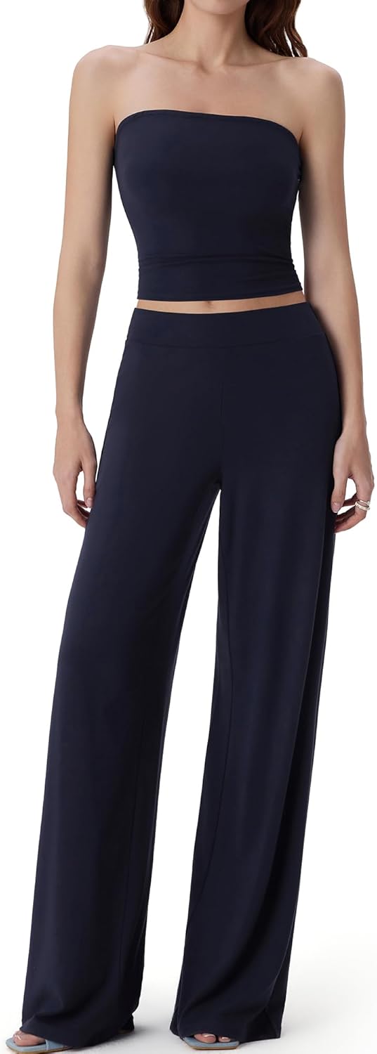 SUUKSESS Women 2 Piece Lounge Set Tube Top Wide Leg Pants Matching Sets Beach Vacation Outfits-27