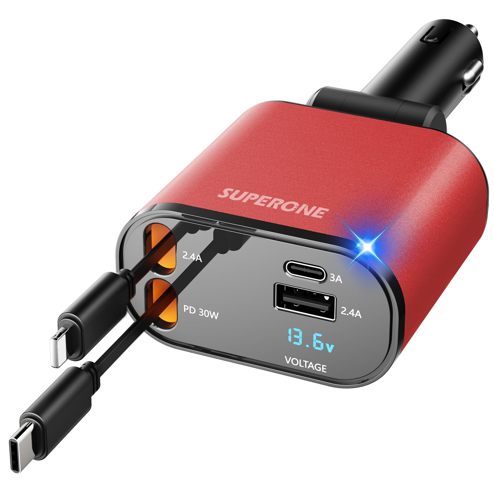 [Upgraded] SUPERONE Retractable Car Charger 4 in 1, Fast Car Phone Charger with Cord 2.6ft, USB C and Apple Car Adapter, Compatible with iPhone 17 16 15/15 Pro Max/14/13/12/11, Galaxy, Pixel