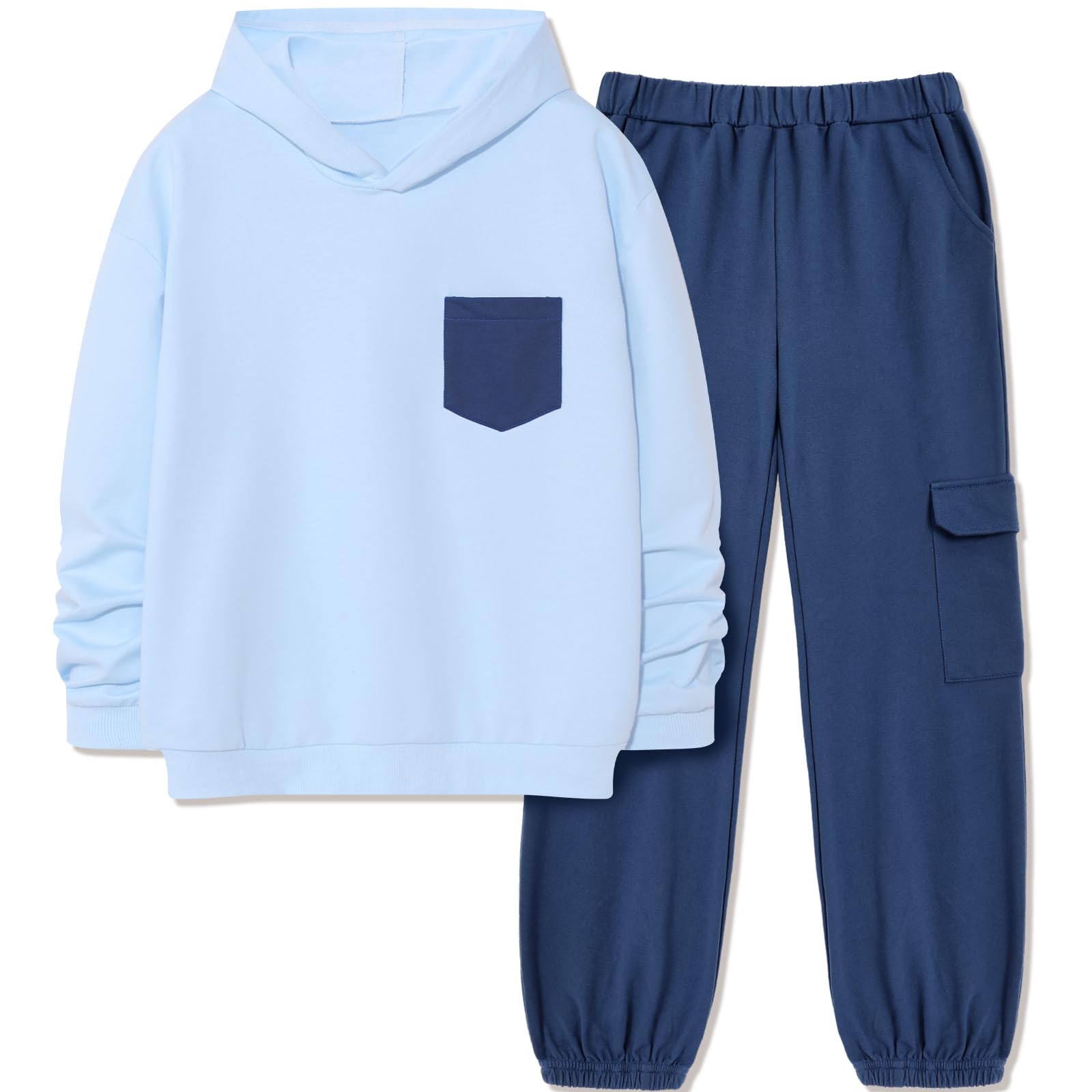 Hipea Boys Clothes Long Sleeve Hooded with Chest Pocket Cargo Pants with Side Pockets 2PCS Sets