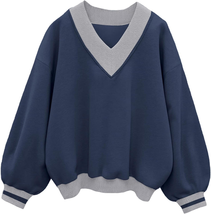 Hilinker Womens V Neck Oversized Sweatshirts Casual Drop Shoulder Long Sleeve Pullover Tops-8