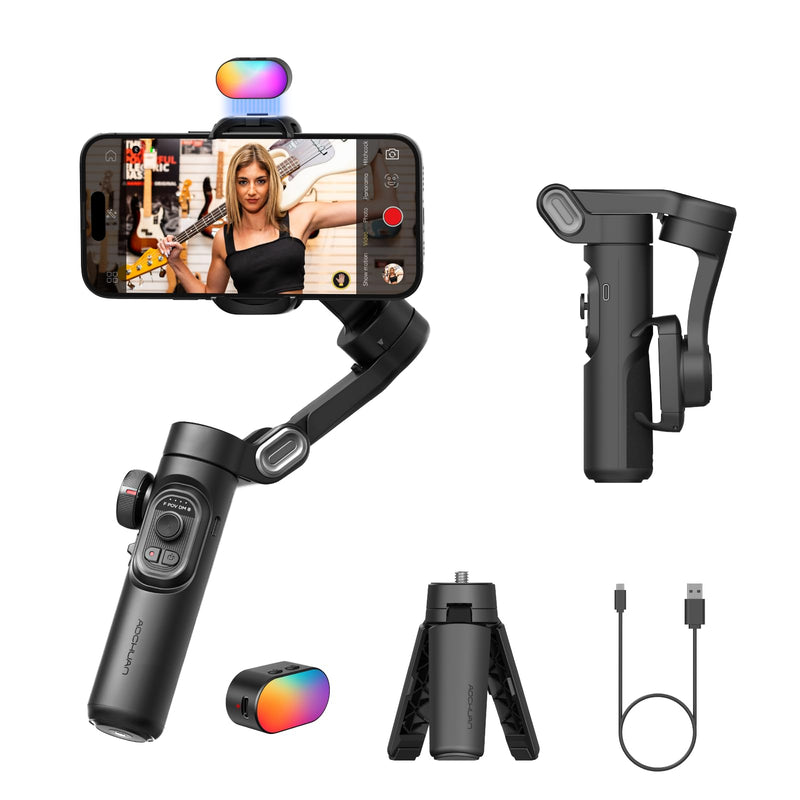 AOCHUAN Phone Gimbal Stabilizer 3-Axis Smartphone Foldable Handheld Gimbal for iPhone with Focus Wheel TikTok YouTube Vlog Stabilizer for iPhone17 16 15 14 13 Pro Max Android-Smart XE