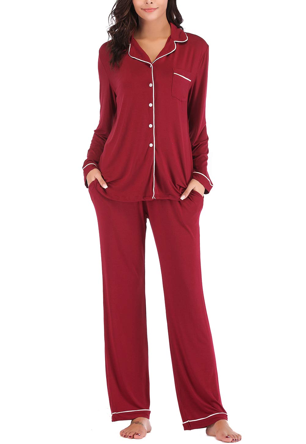 Aamikast Women's Pajama Sets Long Sleeve Button Down Sleepwear Nightwear Soft Pjs Lounge Sets-34