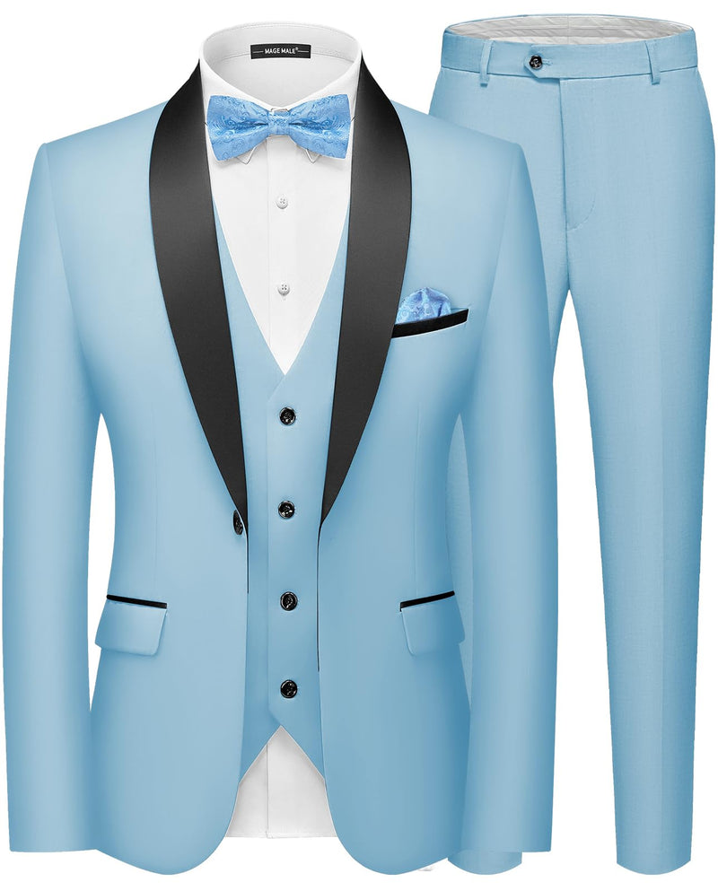 MAGE MALE Men's Slim Fit 3 Piece Suit One Button Solid Shawl Lapel Blazer Jacket Vest Pants Set with Tie Pocket Square-6