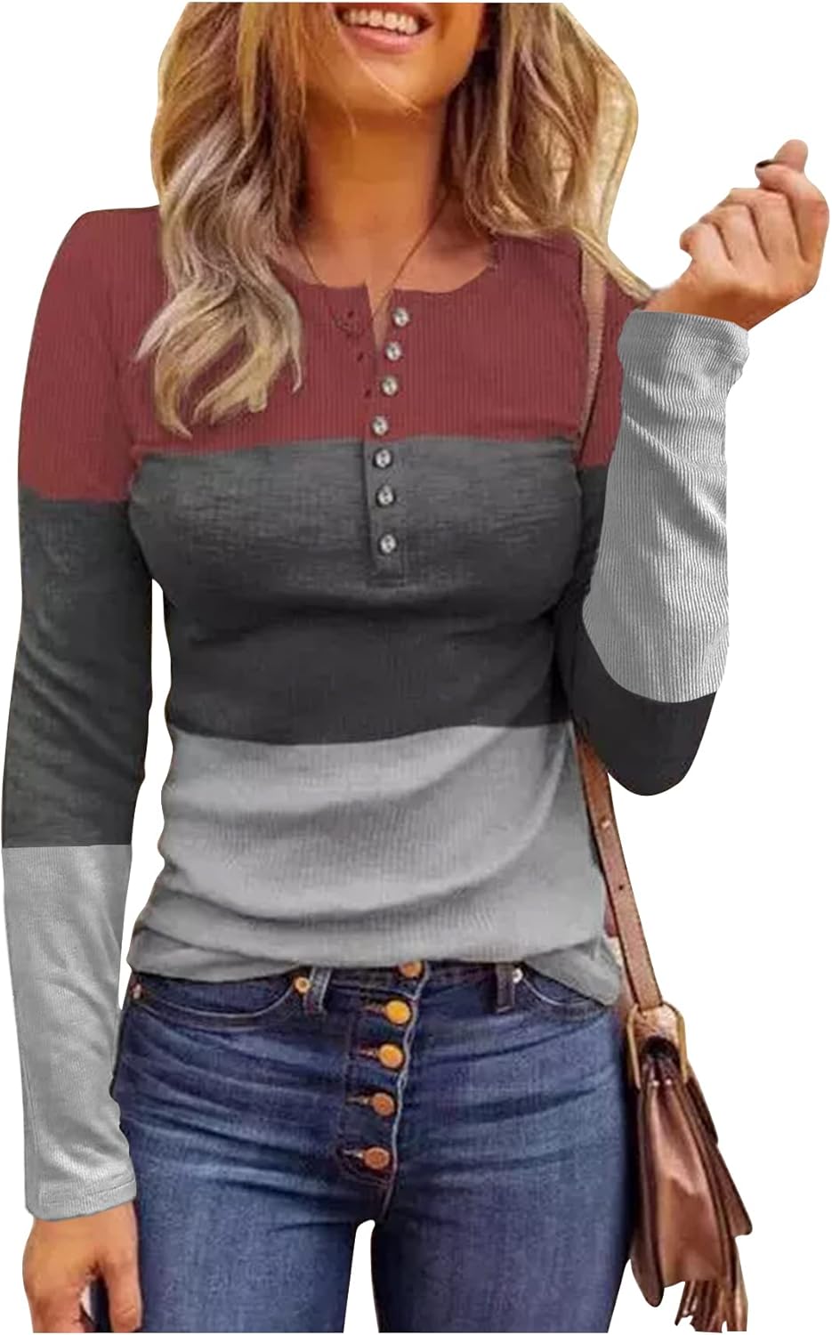 Long Sleeve Shirts for Women Henley Button Ribbed Knit Slim Fitted Tops Ladies Comfrt Trendy Undershir Clothes Tee Shirt