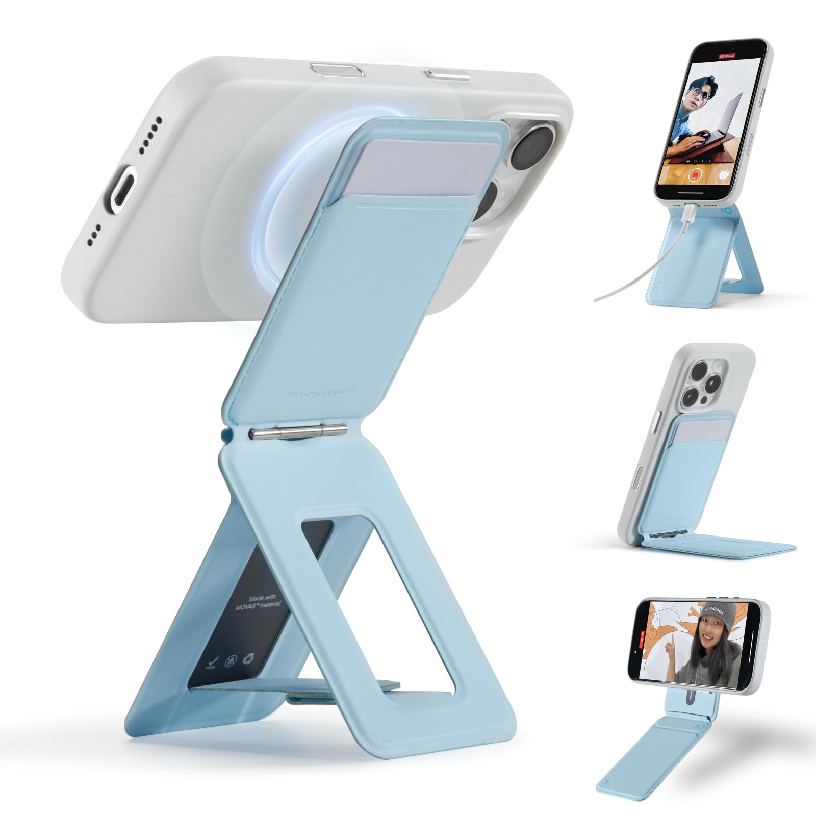 MOFT Phone Tripod Stand Selfie Stick for iPhone, Multi-Angles iPhone Stand, Lightweight & Portable Phone Holder, Strong Magnets, MOVAS Vegan Leather, Travel Essentials, Seafoam (Without Card Slot)