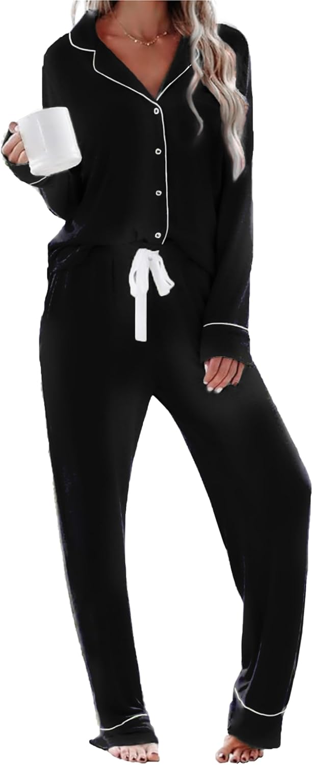 Womens Long Sleeve Pajamas Set Soft Sleepwear Shirt and Long Pants Pj Lounge Sets Button Down Nightwear with Pockets-12