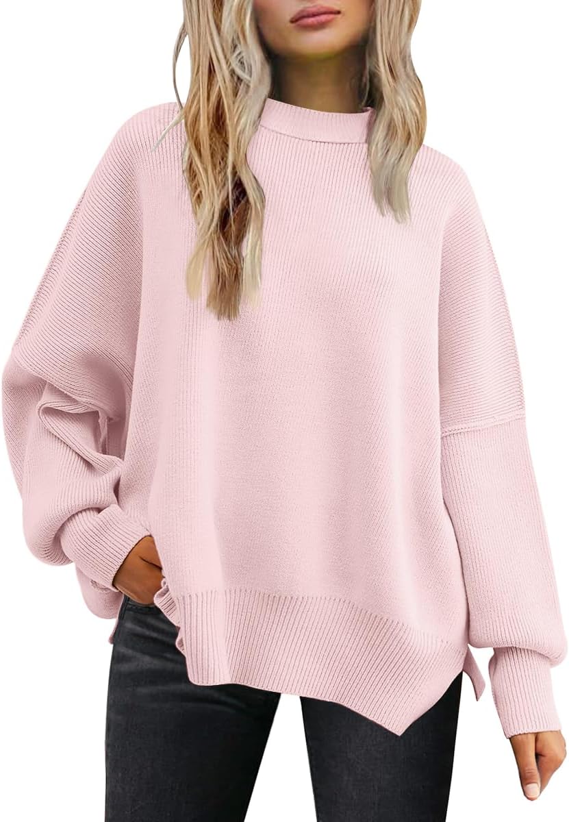 LILLUSORY Women's Oversized Batwing Sweaters 2025 Fall Outfits Trendy Crewneck Knit Side Slit Fashion Pullover Tops-99
