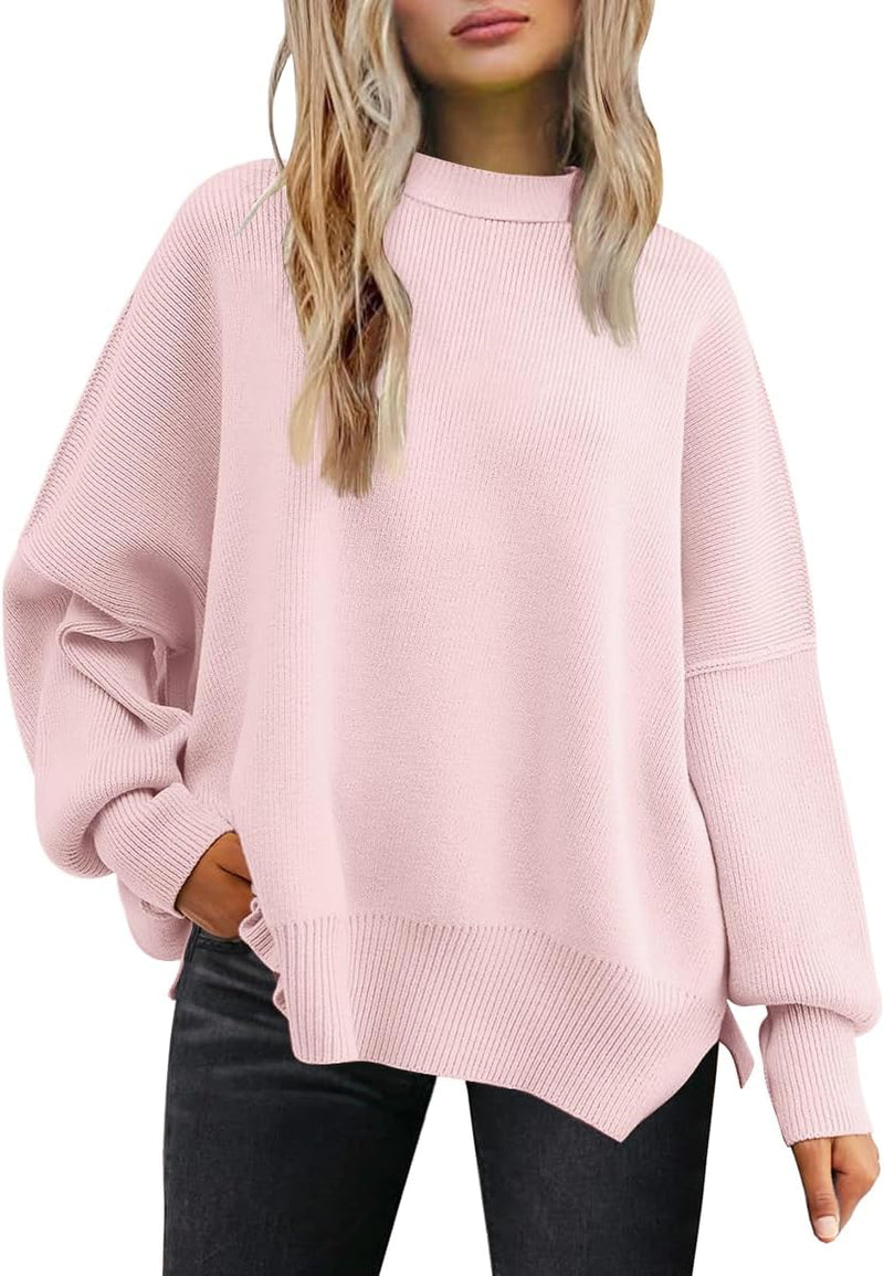 LILLUSORY Women's Oversized Batwing Sweaters 2025 Fall Outfits Trendy Crewneck Knit Side Slit Fashion Pullover Tops-59