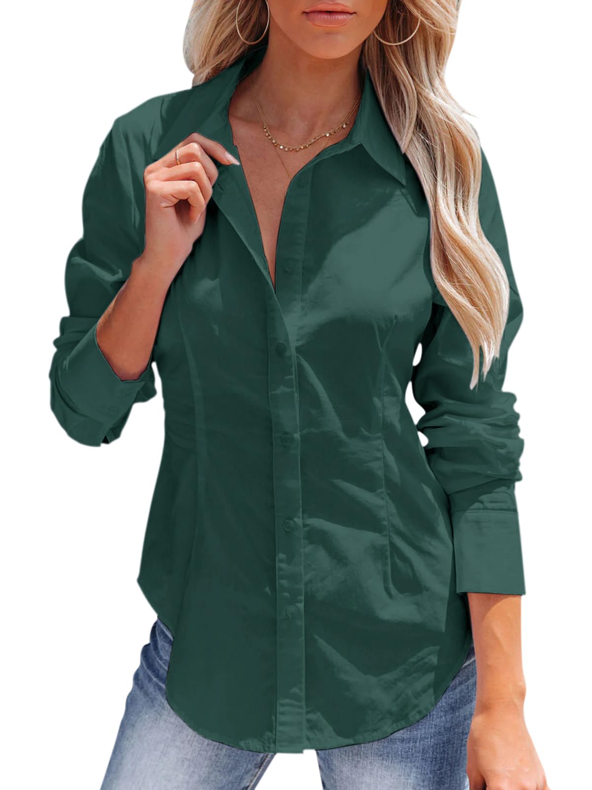 siliteelon Women's Button Down Shirts Long Sleeve Dress Shirts Wrinkle Free Collared Work Office Solid Blouses Corset Tops-67
