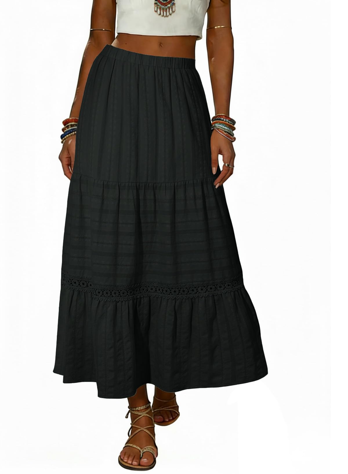 BLENCOT Long Skirts for Women Boho Crochet Lace High Waisted A-Line Cotton Tiered Maxi Skirt