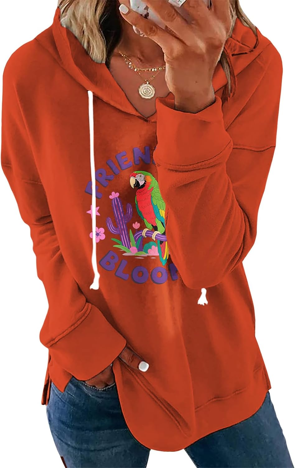 Womens Casual Loose Fit Pullover Sweatshirt with Artistic Print Drawstring Hood Long Sleeve Cotton Blend for Fall-95