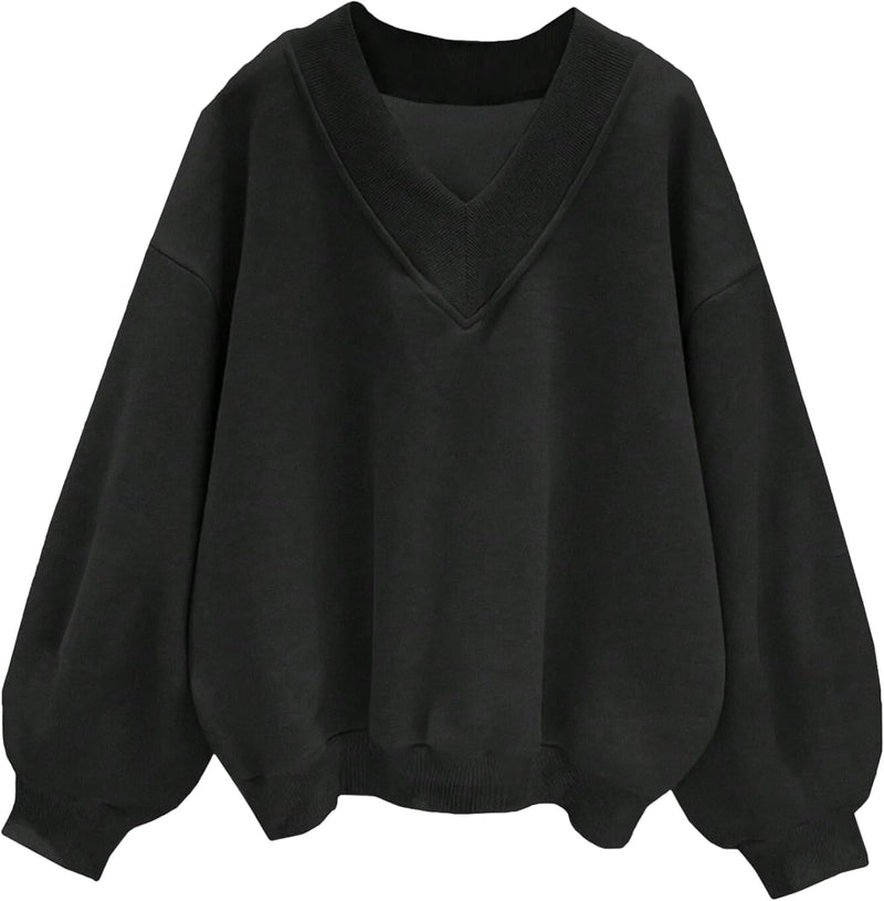 Hilinker Womens V Neck Oversized Sweatshirts Casual Drop Shoulder Long Sleeve Pullover Tops-64