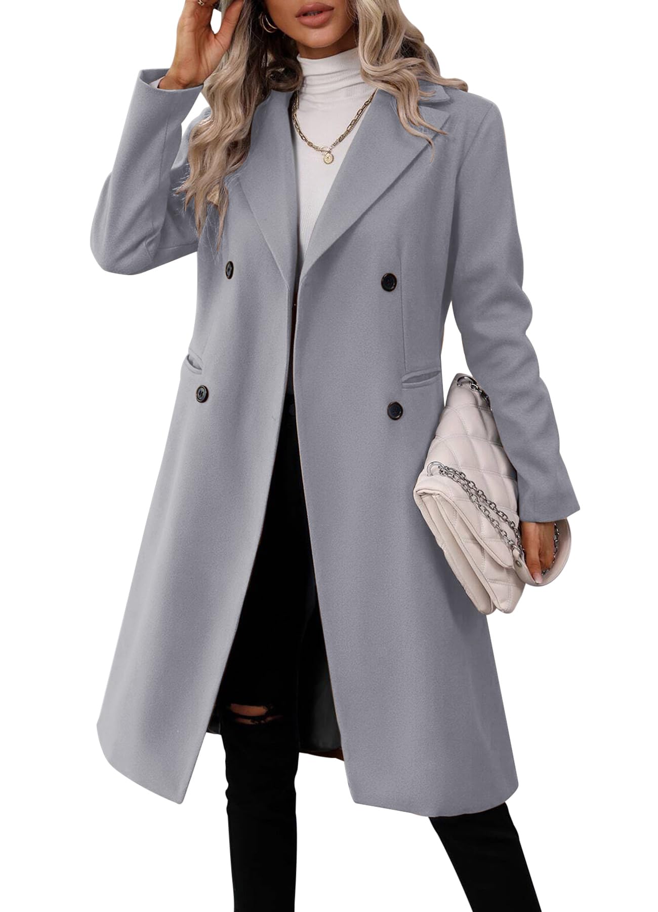Danedvi Womens Long Double Breasted Coats Lapel Collar Pea Coat Winter Slim Fit Jackets Trench Coat Outwear-15