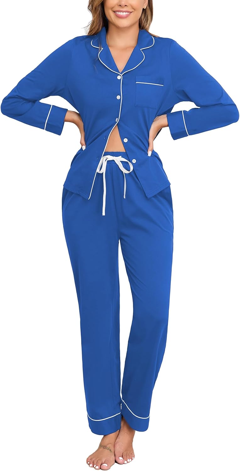 Veseacky 100% Cotton Pajamas for Women Set Long Sleeve Button Down Sleepwear Soft Pjs Lounge Sets with Pockets XS-XXL-15