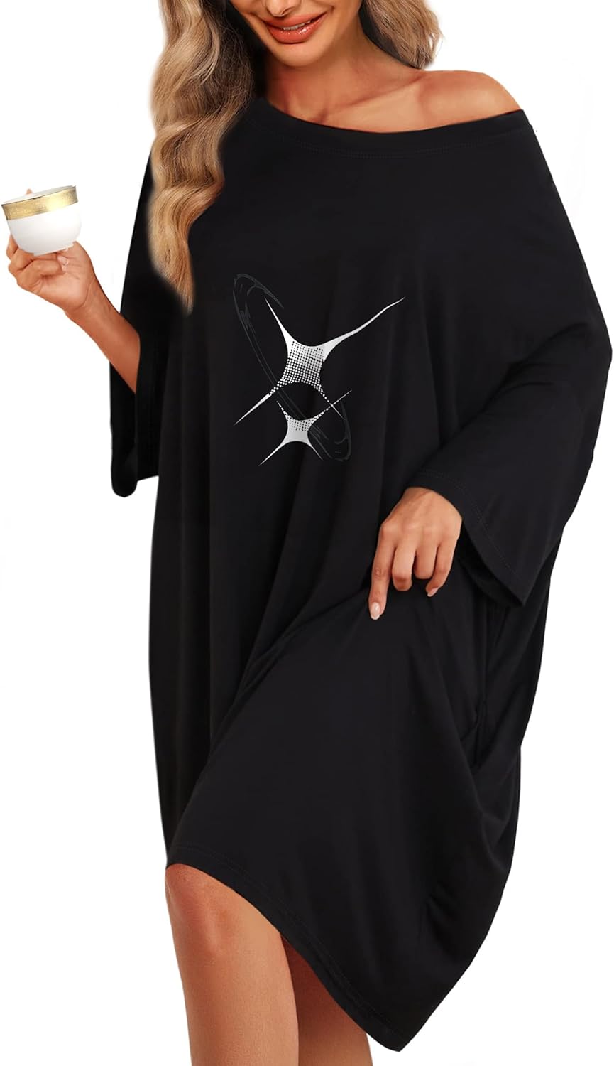 KFUBUO Plus Size Nightgowns for Women Oversized Sleep Tshirts Dress Short Sleeves Sleepwear With Pocket Fit S-5XL-13