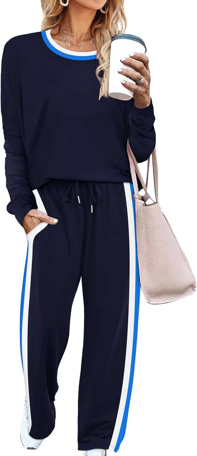 WIHOLL 2 Piece Lounge Sets for Women Long Sleeve Tops Wide Leg Sweatpants Sweatsuits with Pockets-16
