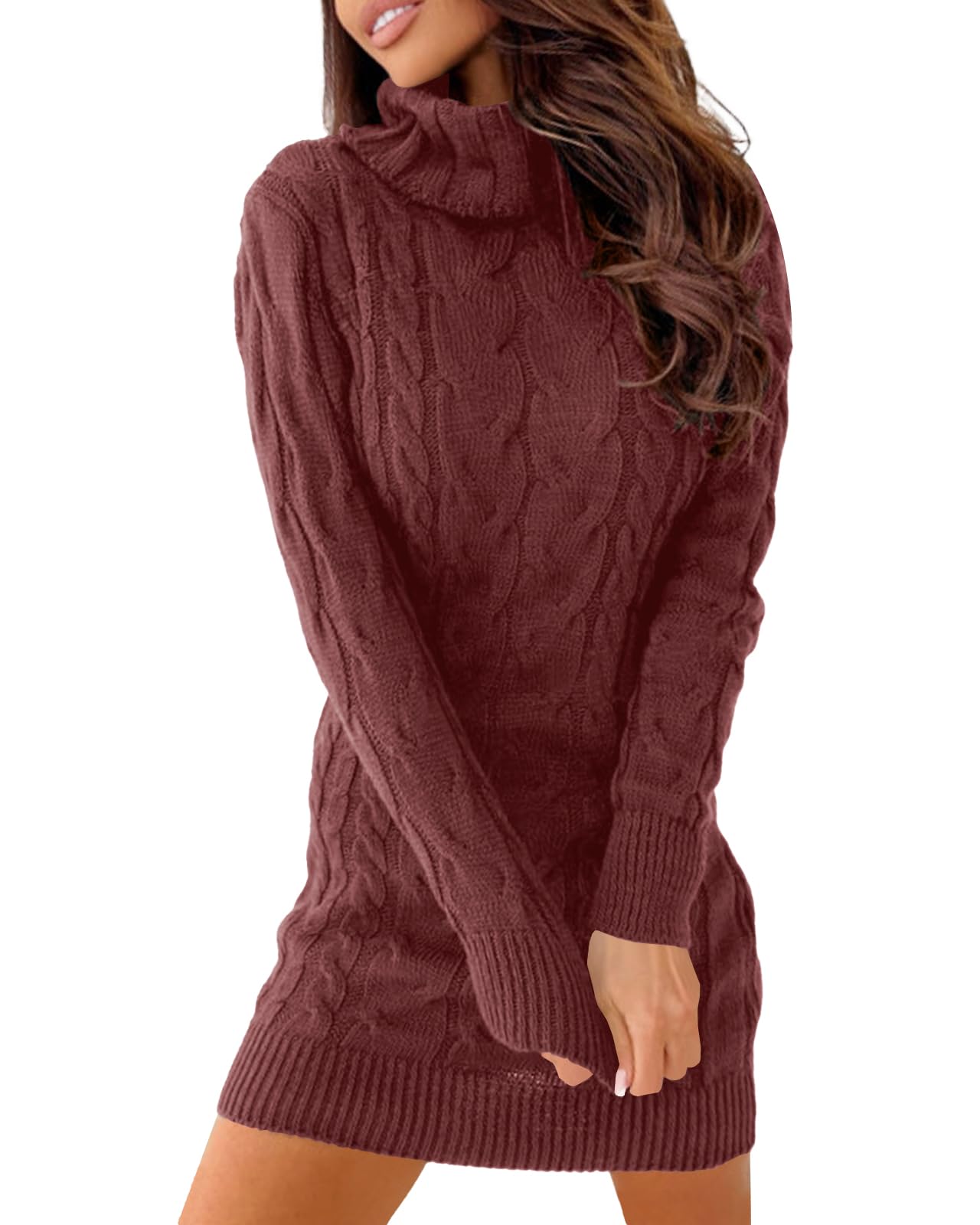 Langwyqu Womens Cable Knit Sweater Dress Sexy Long Sleeve Bodycon Turtleneck Mini Fall Sweaters Dresses-42