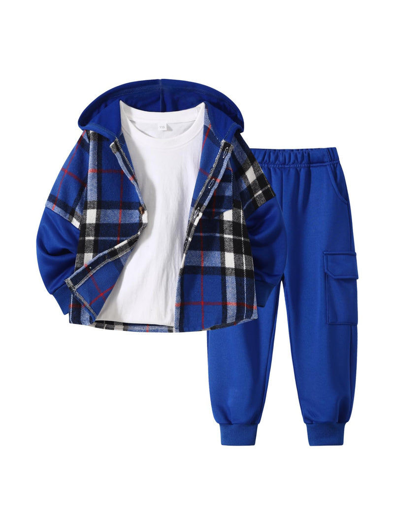 Fdqin 2Pcs Kids Boys Flannel Plaid Shirt Tops Pants Set Hoodie Sweatsuit for Fall Winter Spring Outfits 4-12 Years-56
