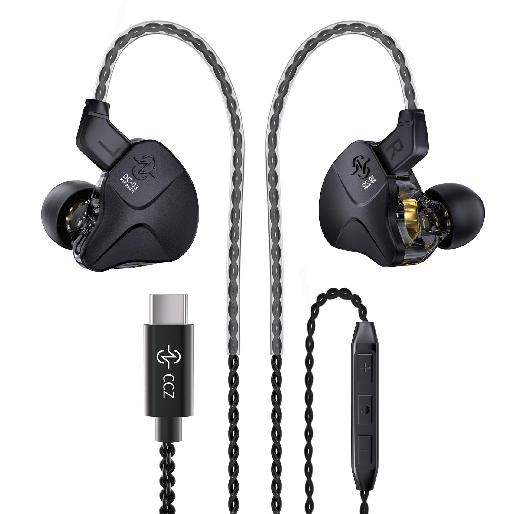 CCZ DC03 IEMs for Gaming with Mic, 1DD HiFi Headphones in Ear Monitors for Singers Musician, Deep Bass Sound Noise Cancelling Wired Gaming Earbuds, IEM Earphones with Detachable Cable(Black, with Mic)
