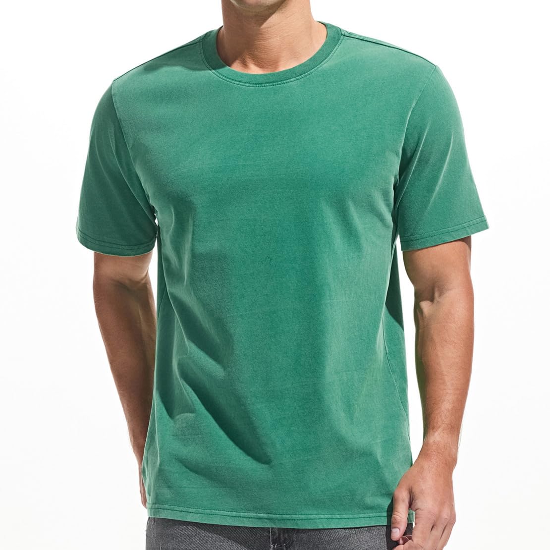 VEIISAR Men's Heavy Weight Crew Neck 100% Cotton T-Shirt - 250g/m² Thick Distressed Washed T-Shirts for Men