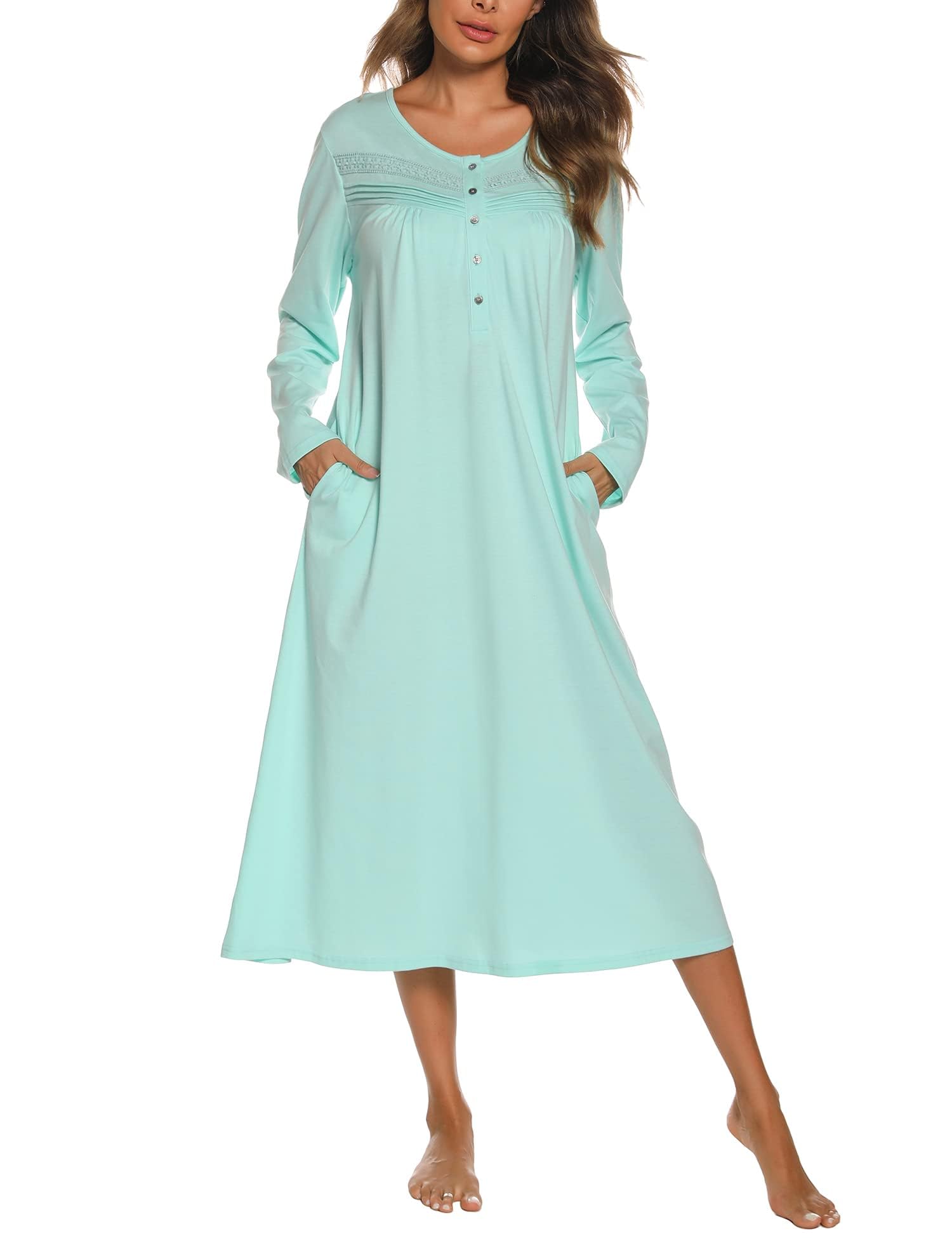 YOZLY Nightgowns for Women Soft Cotton Long Sleeve Night Gwon with Pockets-22