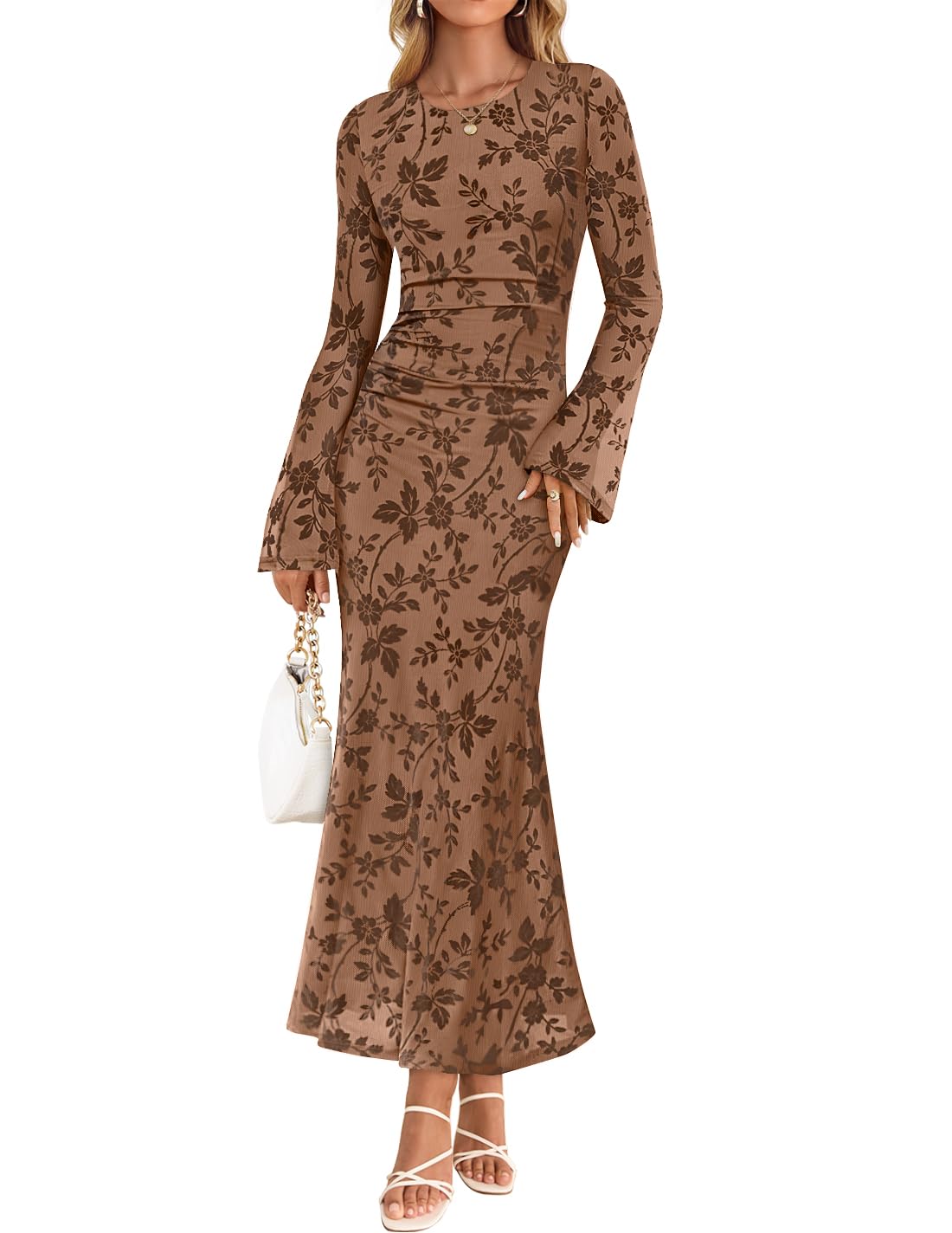 ZESICA Women's Long Sleeve Floral Bodycon Dress 2026 Spring Fall Ruched Mesh Wedding Guest Cocktail Party Maxi Dresses-4