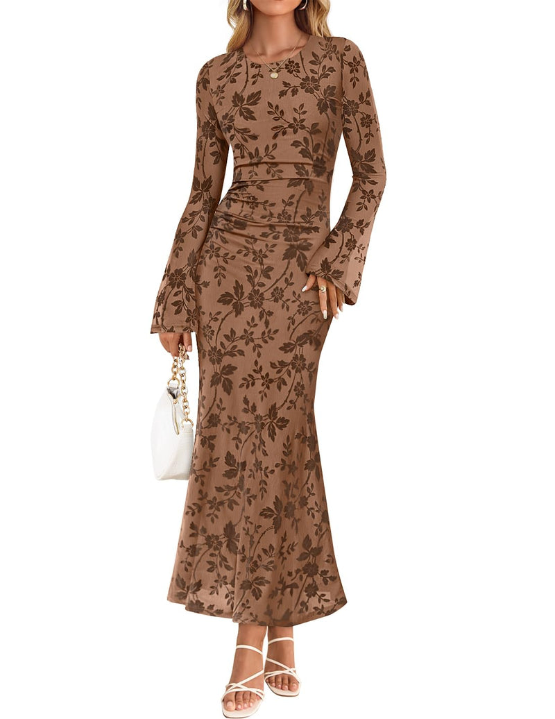 ZESICA Women's Long Sleeve Floral Bodycon Dress 2026 Spring Fall Ruched Mesh Wedding Guest Cocktail Party Maxi Dresses-34