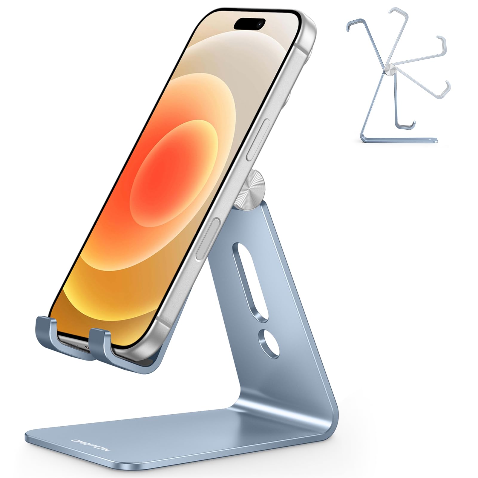 Adjustable Cell Phone Stand, OMOTON Aluminum Desktop Cellphone Stand with Anti-Slip Base and Convenient Charging Port, Fits All Smart Phones, Silver