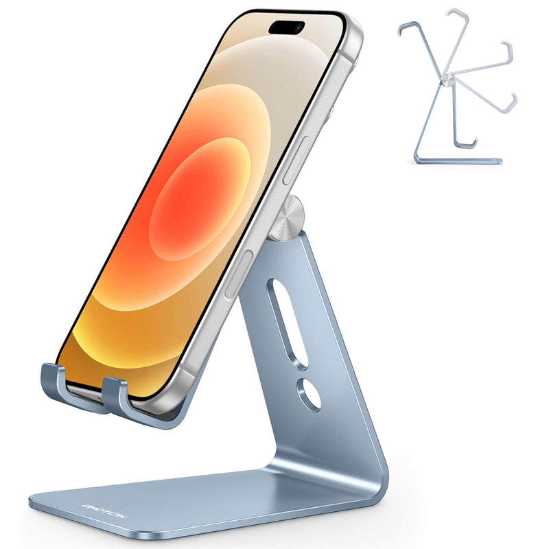 Adjustable Cell Phone Stand, OMOTON Aluminum Desktop Cellphone Stand with Anti-Slip Base and Convenient Charging Port, Fits All Smart Phones, Silver