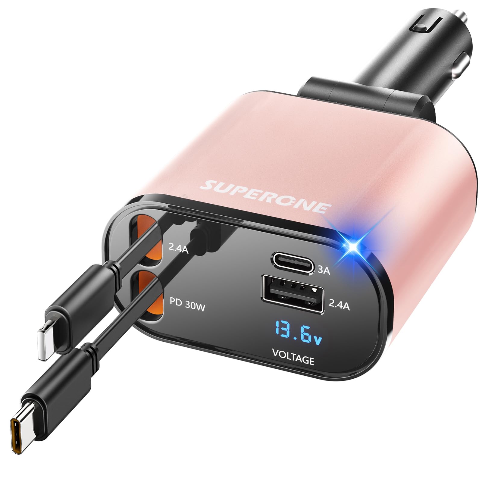 [Upgraded] SUPERONE Retractable Car Charger 4 in 1, Fast Car Phone Charger with Cord 2.6ft, USB C and Apple Car Adapter, Compatible with iPhone 17 16 15/15 Pro Max/14/13/12/11, Galaxy, Pixel