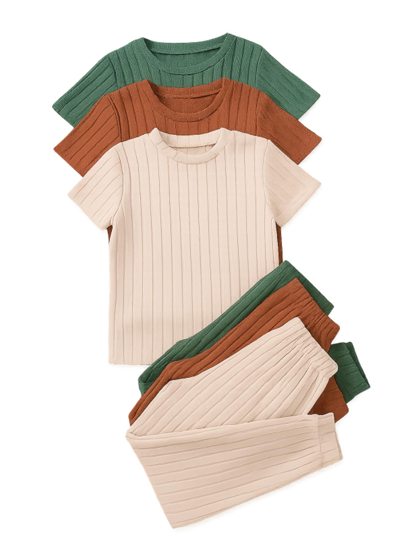 Jolyshlid Girls 6 Pieces Knit Outfits Short Sleeve Tee Tops and Pants Clothing Set 4-12Y