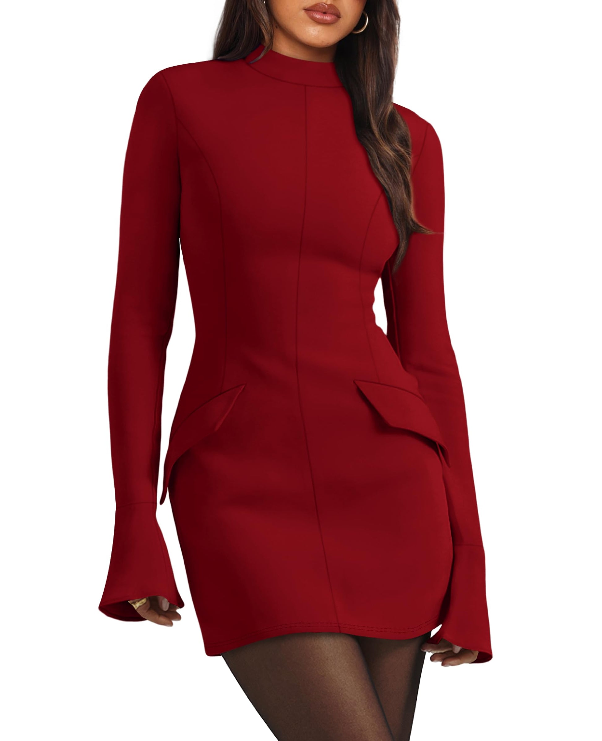 OFEEFAN Women's Fall Long Sleeve Mock Neck Dress Basic Party Club Bodycon Mini Dresses-17
