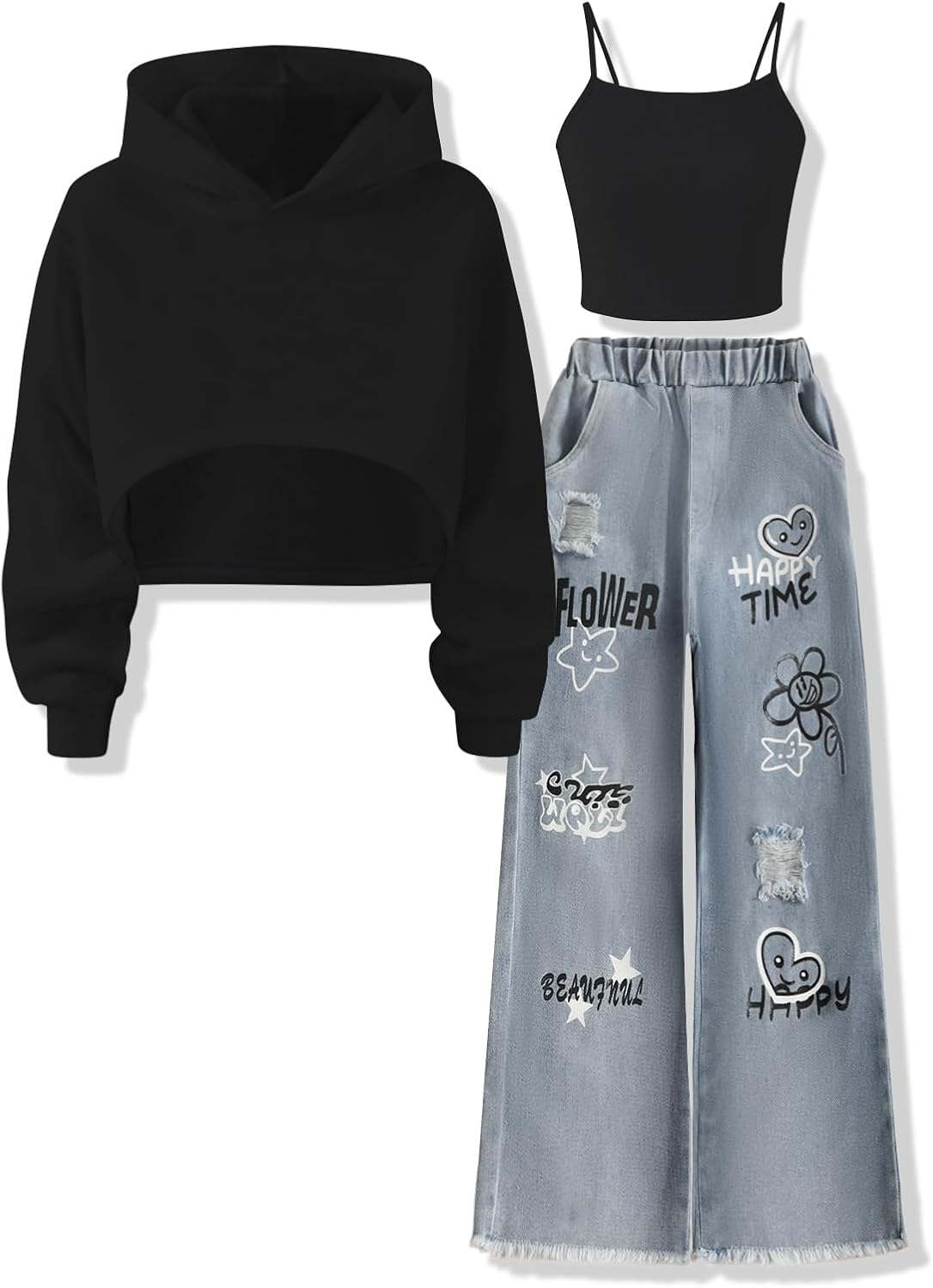 Voxikidio Size 5-10 Years Girls 3PCS Fashion Outfits Set - Cropped Hoodie + Cami Top + Printed Jeans 3-Piece Set