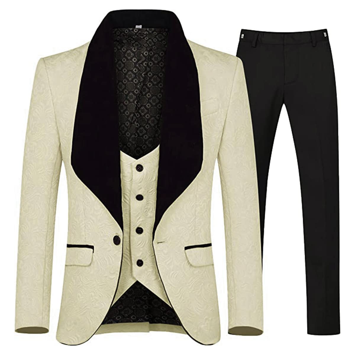 YFFUSHI Men's 3 Piece Suit Slim Fit Jacquard Tuxedo 1 Button Shawl Collar Blazer Vest & Pants for Wedding Formal Prom-39