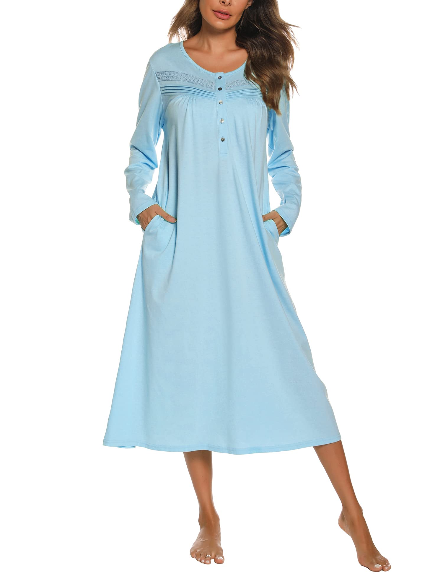 YOZLY Nightgowns for Women Soft Cotton Long Sleeve Night Gwon with Pockets-57