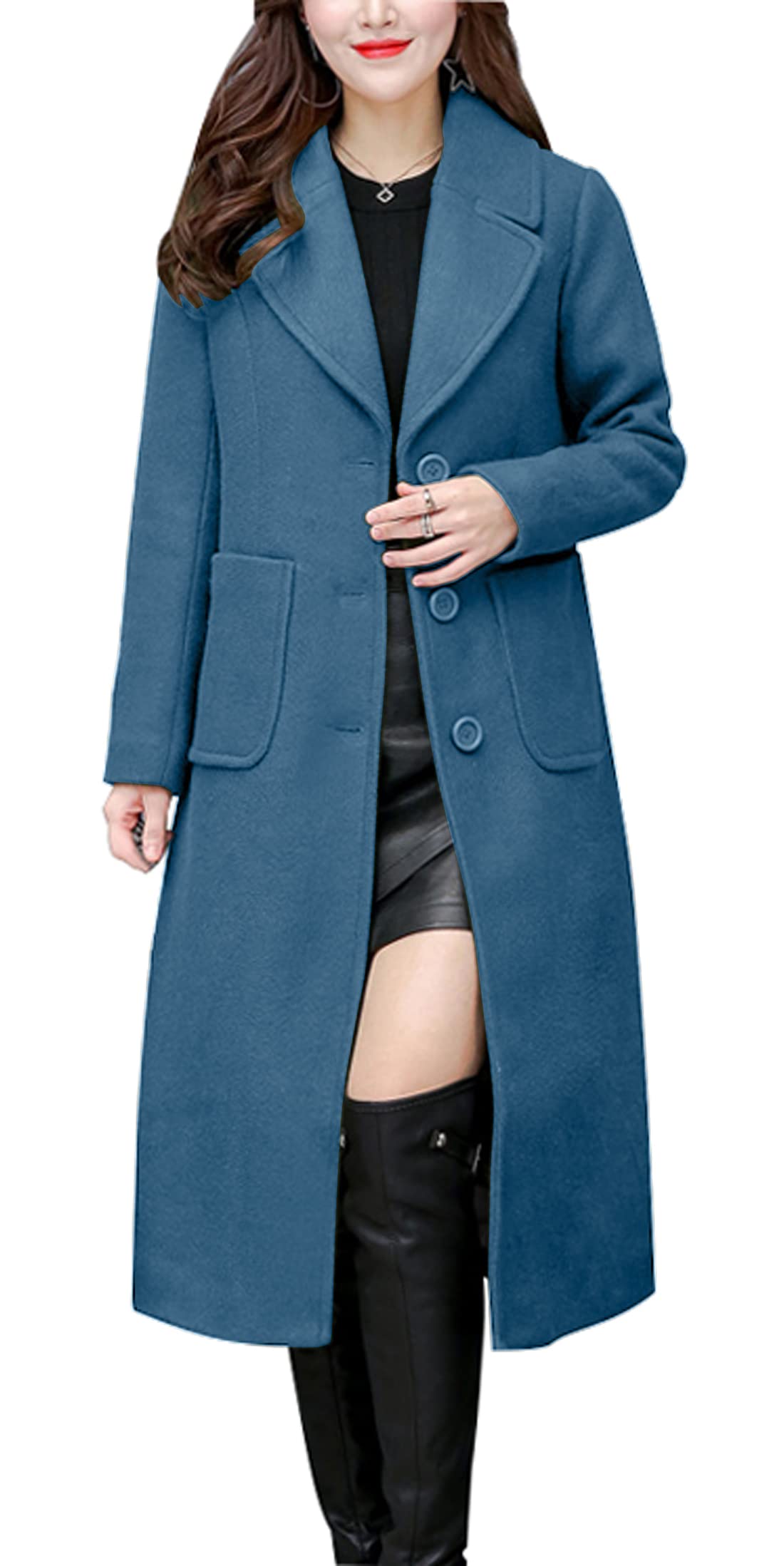 chouyatou Women's Big Notch Lapel Single Breasted Mid-Long Wool Blend Coat-53