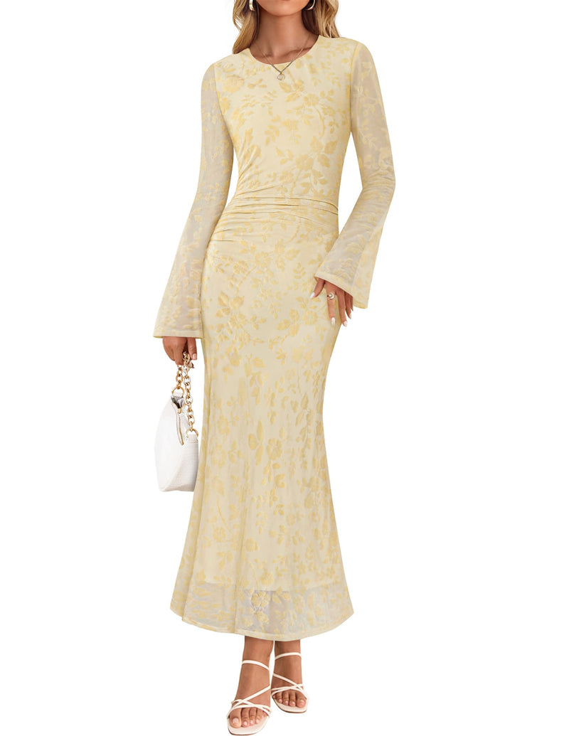 ZESICA Women's Long Sleeve Floral Bodycon Dress 2026 Spring Fall Ruched Mesh Wedding Guest Cocktail Party Maxi Dresses-67