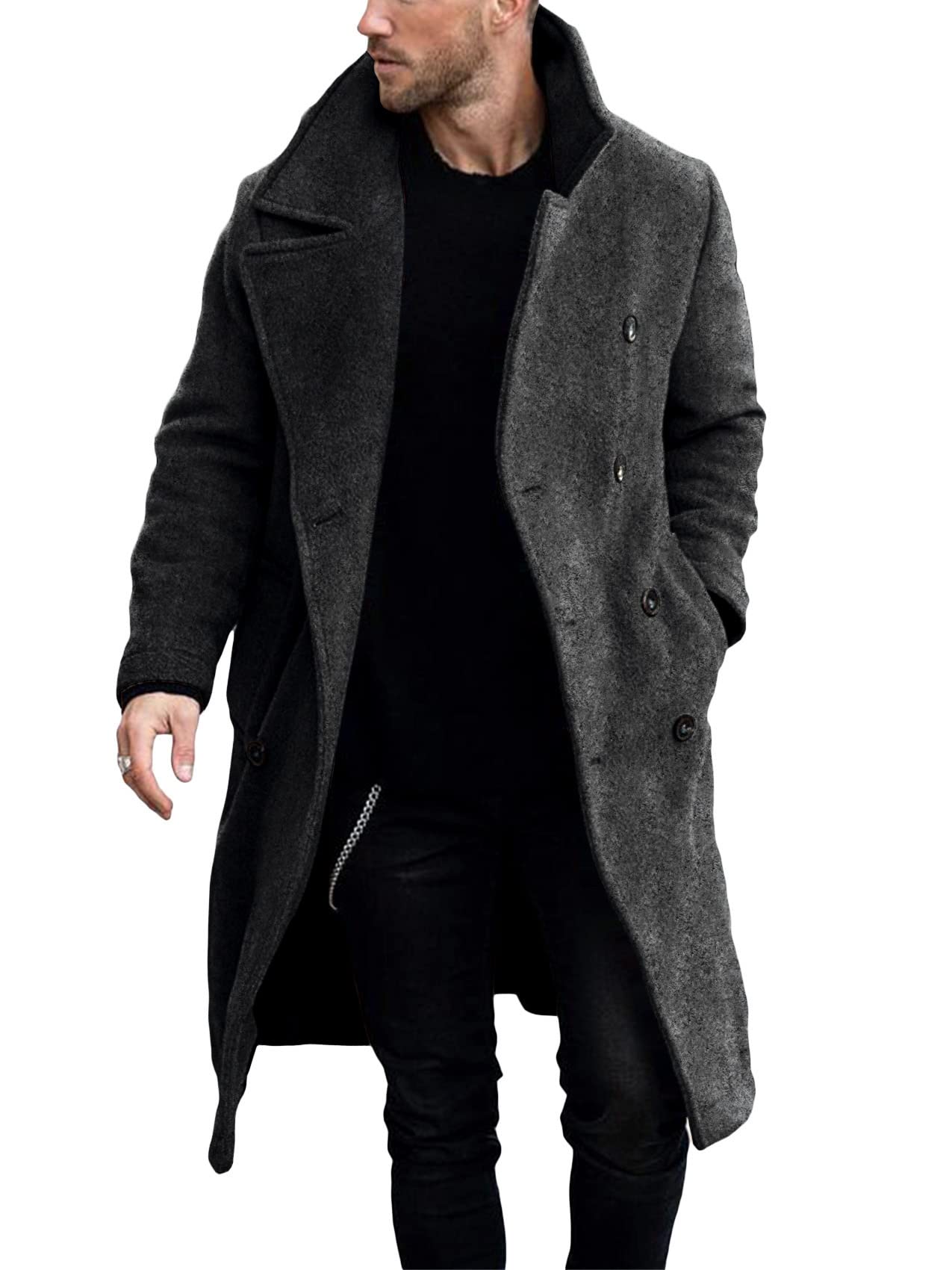 Makkrom Mens Double Breasted Trench Coat Casual Lapel Collar Business Winter Long Overcoats-8