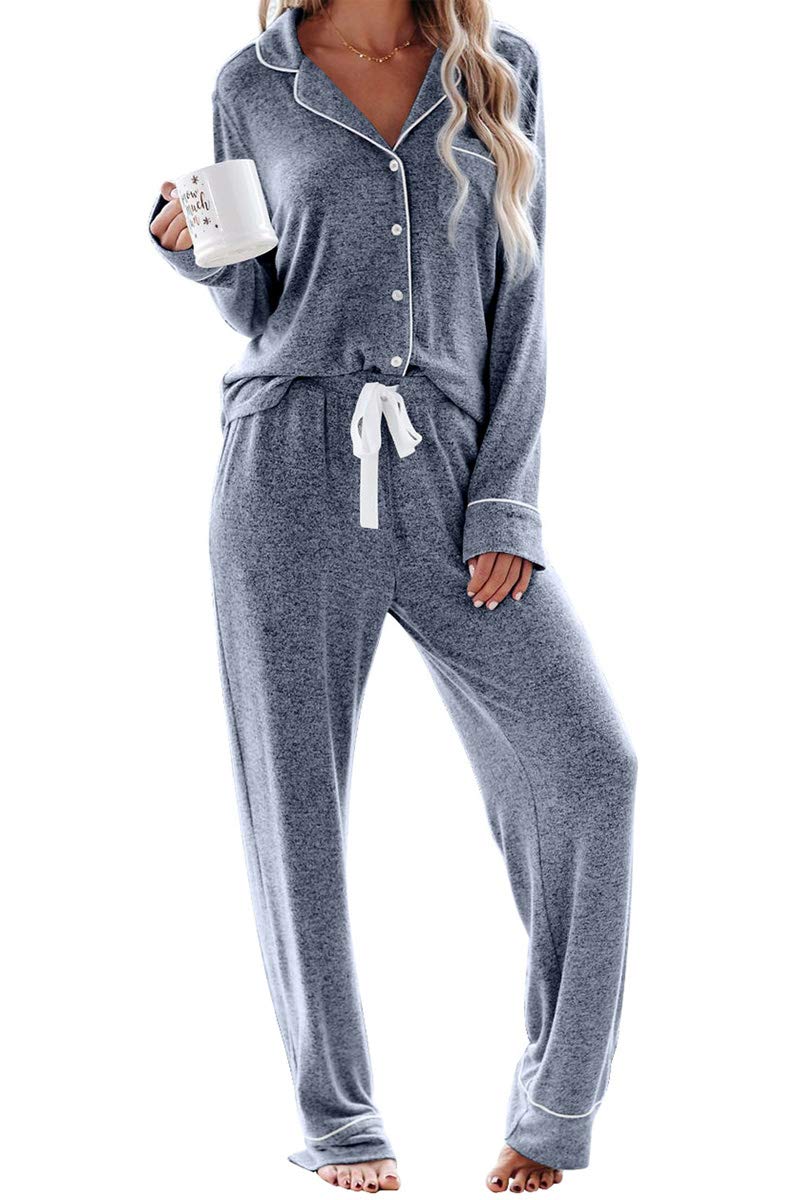 Aamikast Women's Pajama Sets Long Sleeve Button Down Sleepwear Nightwear Soft Pjs Lounge Sets-7