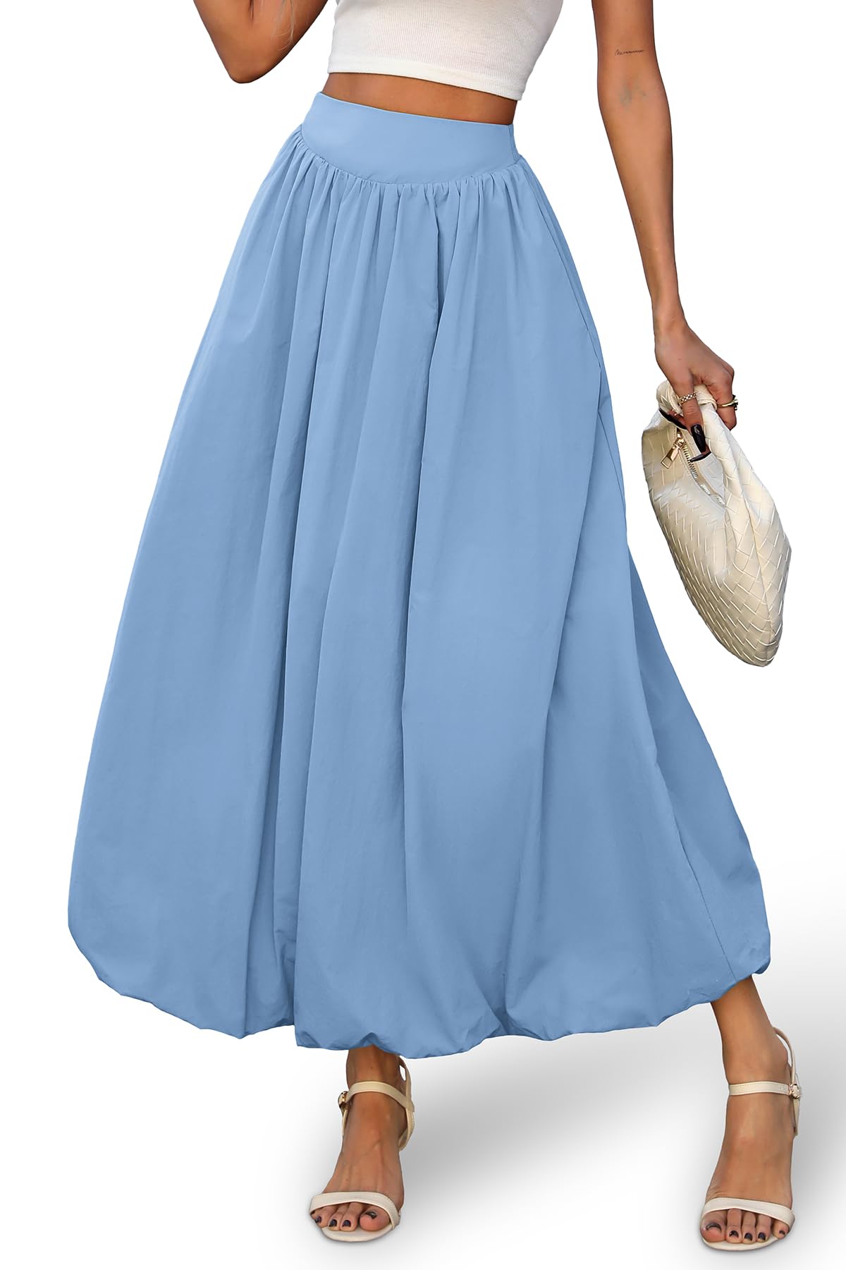 ELLEVEN Women's Bubble Maxi Skirt, Elastic Waist Puffy Hem A-Line Skirt with Pockets