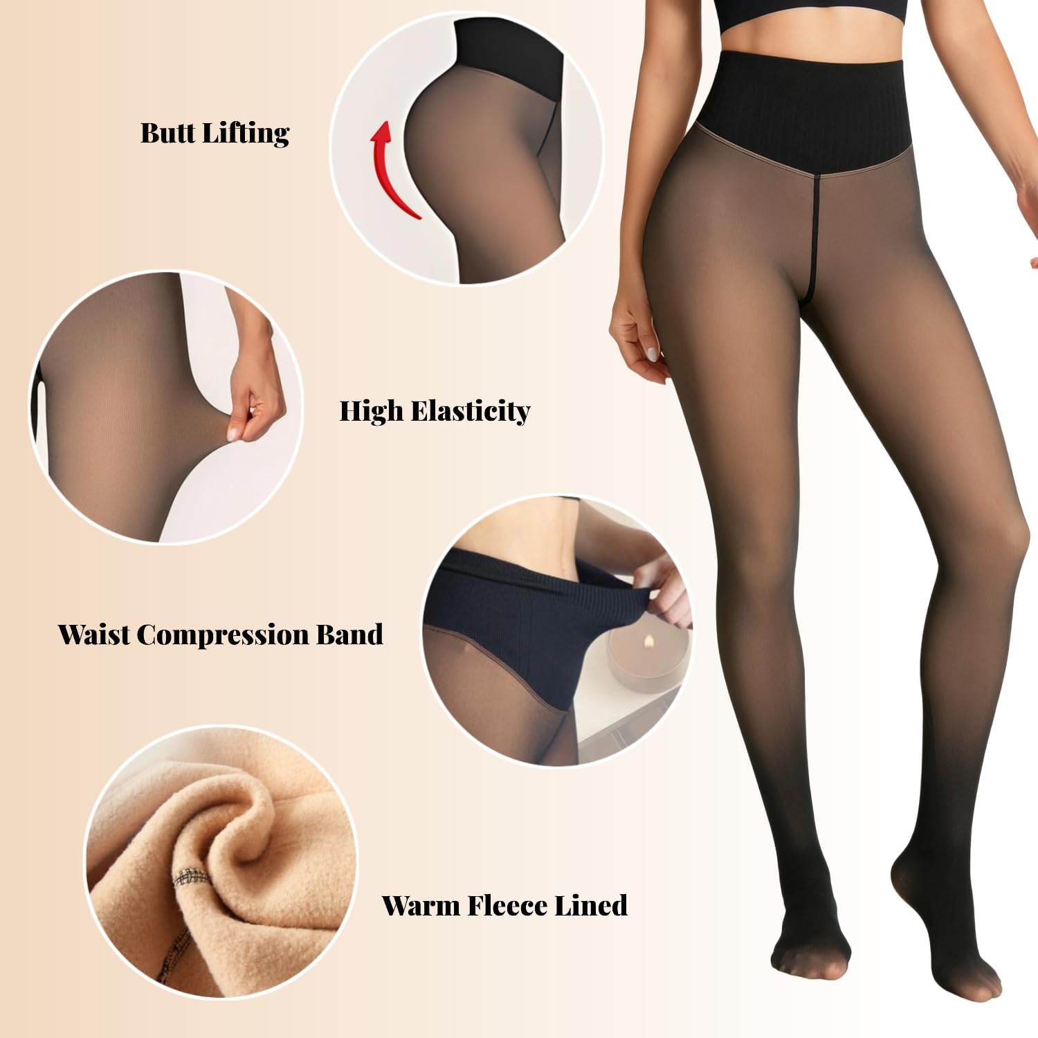 Women's Fake Sheer Thermal Tights - One-Seam Fleece Lined Leggings with Tummy Control & Butt Lifting