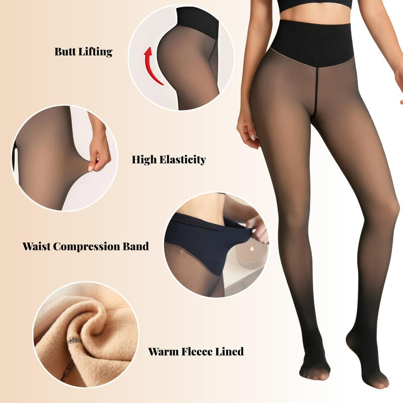 Women's Fake Sheer Thermal Tights - One-Seam Fleece Lined Leggings with Tummy Control & Butt Lifting