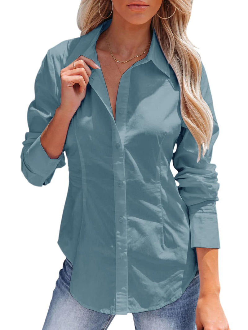 siliteelon Women's Button Down Shirts Long Sleeve Dress Shirts Wrinkle Free Collared Work Office Solid Blouses Corset Tops-80