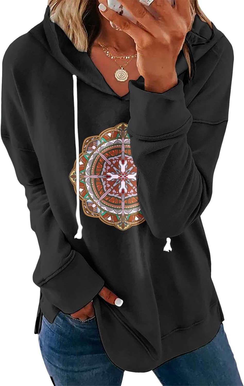 Womens Casual Loose Fit Pullover Sweatshirt with Artistic Print Drawstring Hood Long Sleeve Cotton Blend for Fall-20