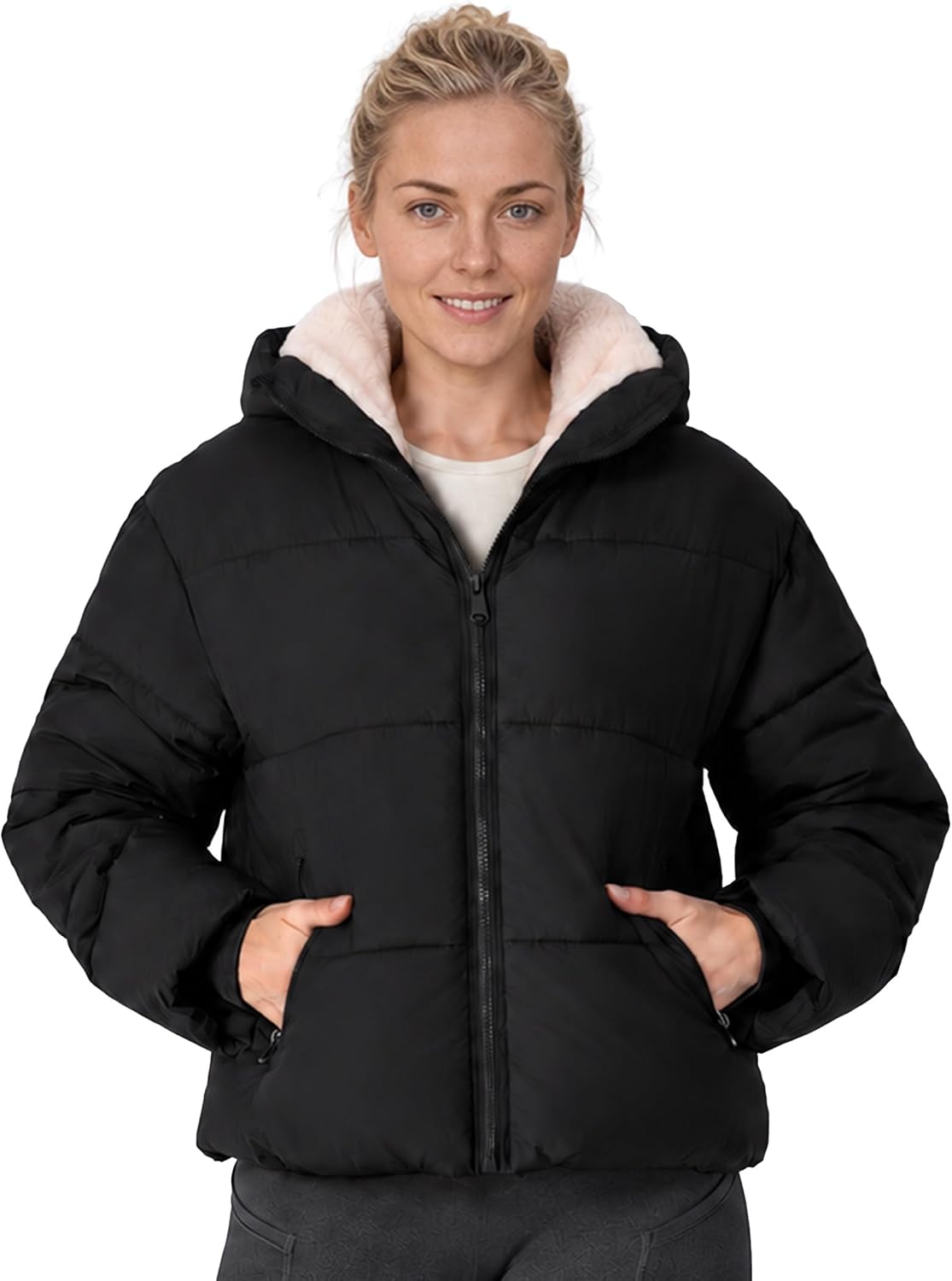 Women's Cropped Puffer Jacket with Faux Fur Lining Quilted Coat Winter