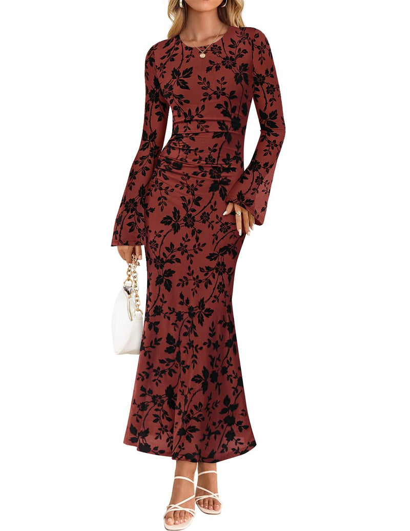 ZESICA Women's Long Sleeve Floral Bodycon Dress 2026 Spring Fall Ruched Mesh Wedding Guest Cocktail Party Maxi Dresses-21