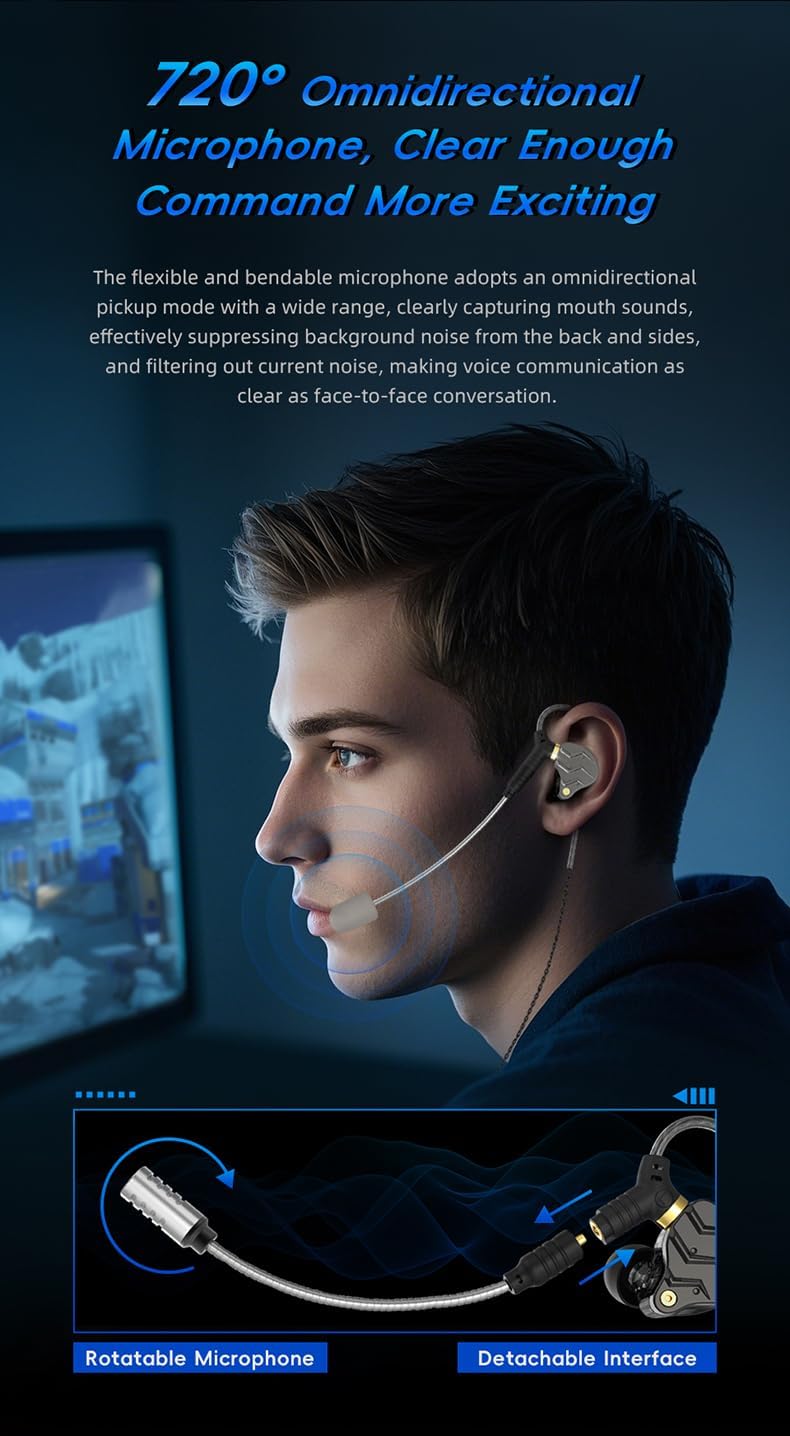 KG01 Professional Gaming Earbuds,Battle Buds,Detachable Microphone, 4D Surround Sound,11mm Dynamic Driver for Mobile Gaming, PlayStation,PC with 3.5mm/Type-c (3.5mm, Black)