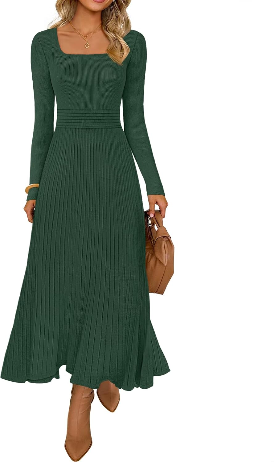 MEROKEETY Women's Sweater Dress 2025 Fall Winter Casual Long Sleeve Square Neck Pleated Church Work Knit Midi Dresses